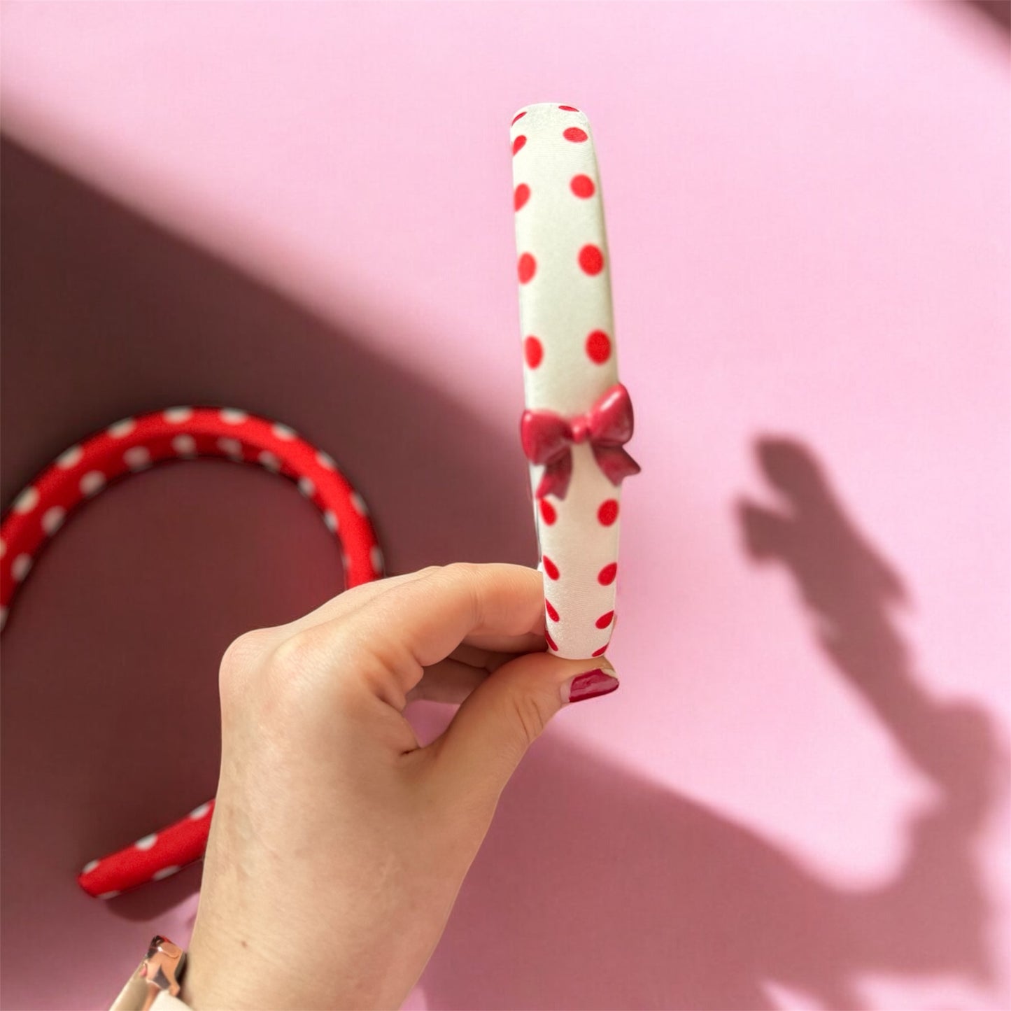 Valentine’s White Bow Headband with Polka Dots