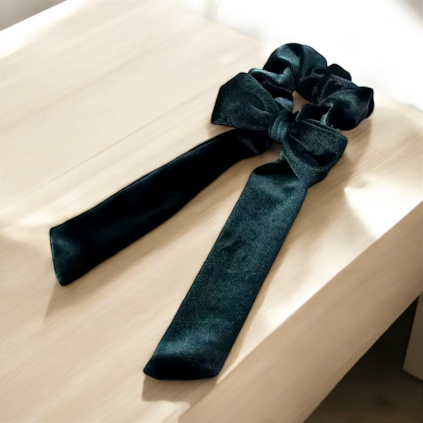 Velvet Green Scrunchie with Long Bow: Elegant & Sophisticated Hair Accessory