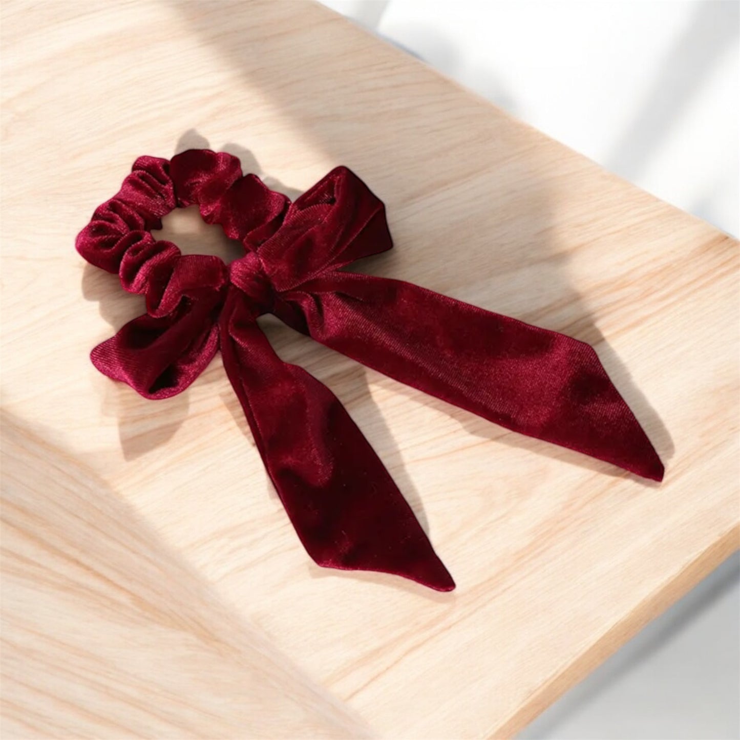 Velvet Burgundy Red Scrunchie with Long Bow: Elegant & Luxurious Hair Accessory