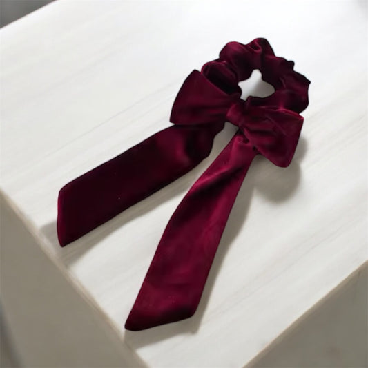 Velvet Burgundy Red Scrunchie with Long Bow: Elegant & Luxurious Hair Accessory