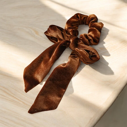 Velvet Cinnamon Brown Scrunchie with Long Bow: Elegant & Sophisticated Hair Accessory