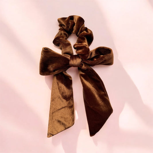 Velvet Cinnamon Brown Scrunchie with Long Bow: Elegant & Sophisticated Hair Accessory