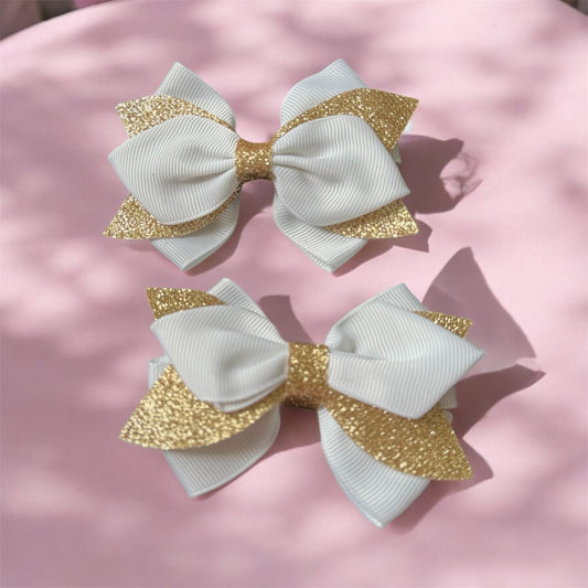 Set of 2 White and Gold Bow Clips for Girls