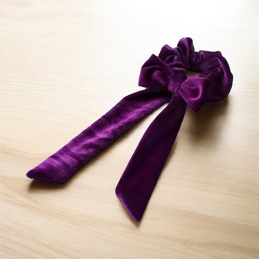 Velvet Purple Scrunchie with Long Bow: Elegant & Sophisticated Hair Accessory