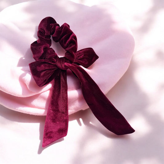 Velvet Burgundy Red Scrunchie with Long Bow: Elegant & Luxurious Hair Accessory