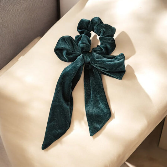 Velvet Green Scrunchie with Long Bow: Elegant & Sophisticated Hair Accessory