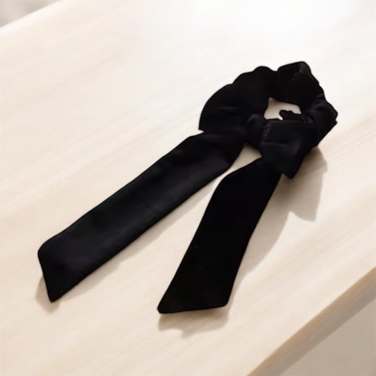 Velvet Black Scrunchie with Long Bow: Elegant & Sophisticated Hair Accessory