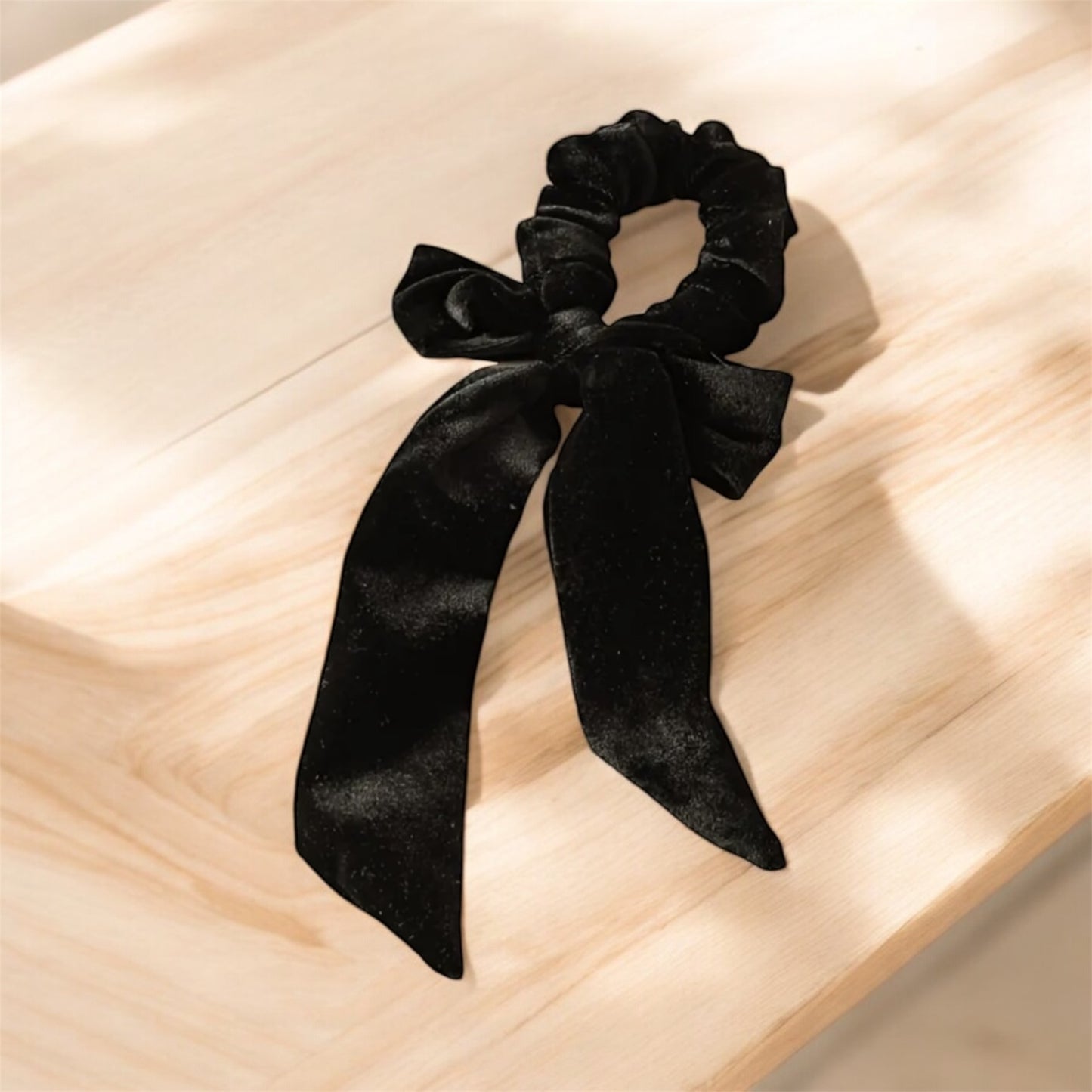 Velvet Black Scrunchie with Long Bow: Elegant & Sophisticated Hair Accessory