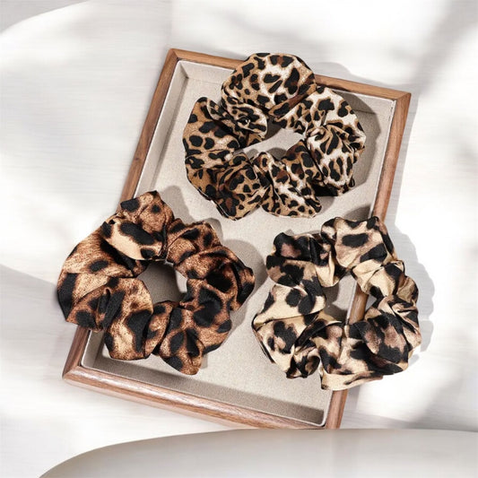 Satin Animal Print Scrunchies Set of 3: Wild and Stylish Hair Accessories