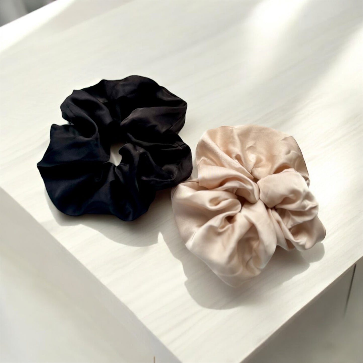 Sleek Duo: Large Silky Scrunchies in Black and Cream - Set of 2