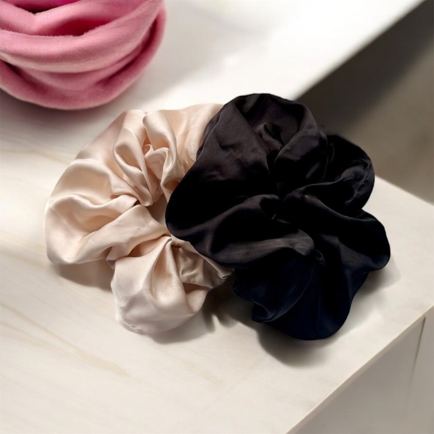 Sleek Duo: Large Silky Scrunchies in Black and Cream - Set of 2