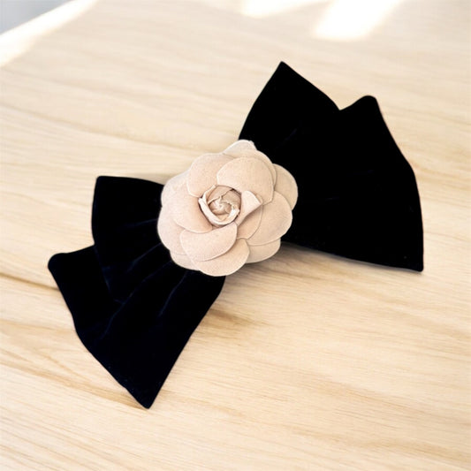 Velvet Elegance: Handcrafted Black Hair Bow Clip with Rose Details