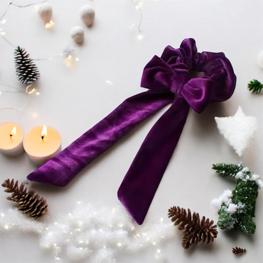 Velvet Purple Scrunchie with Long Bow: Elegant & Sophisticated Hair Accessory