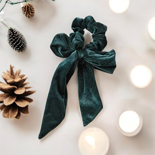 Velvet Green Scrunchie with Long Bow: Elegant & Sophisticated Hair Accessory