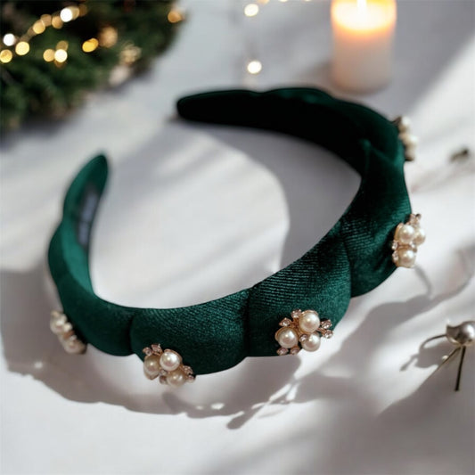 Green Velvet Headband with Shiny Gems: Luxe & Sparkling Accessory