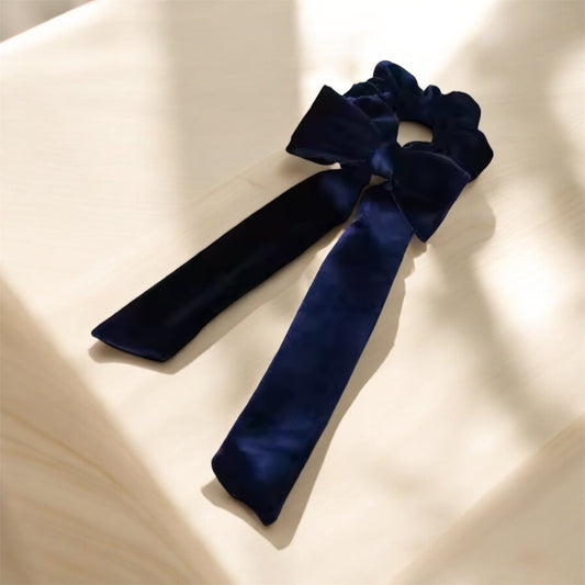 Velvet Royal Blue Scrunchie with Long Bow: Elegant & Sophisticated Hair Accessory