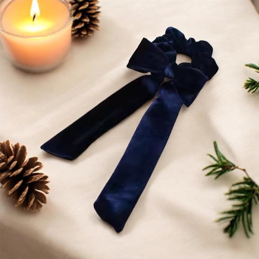 Velvet Royal Blue Scrunchie with Long Bow: Elegant & Sophisticated Hair Accessory